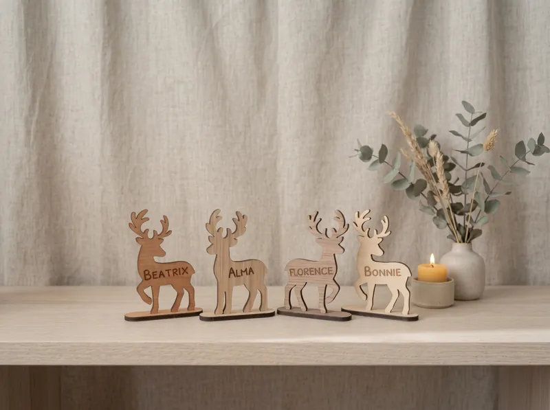 Four wooden reindeer place names engraved with Beatrix, Alma, Florence and Bonnie